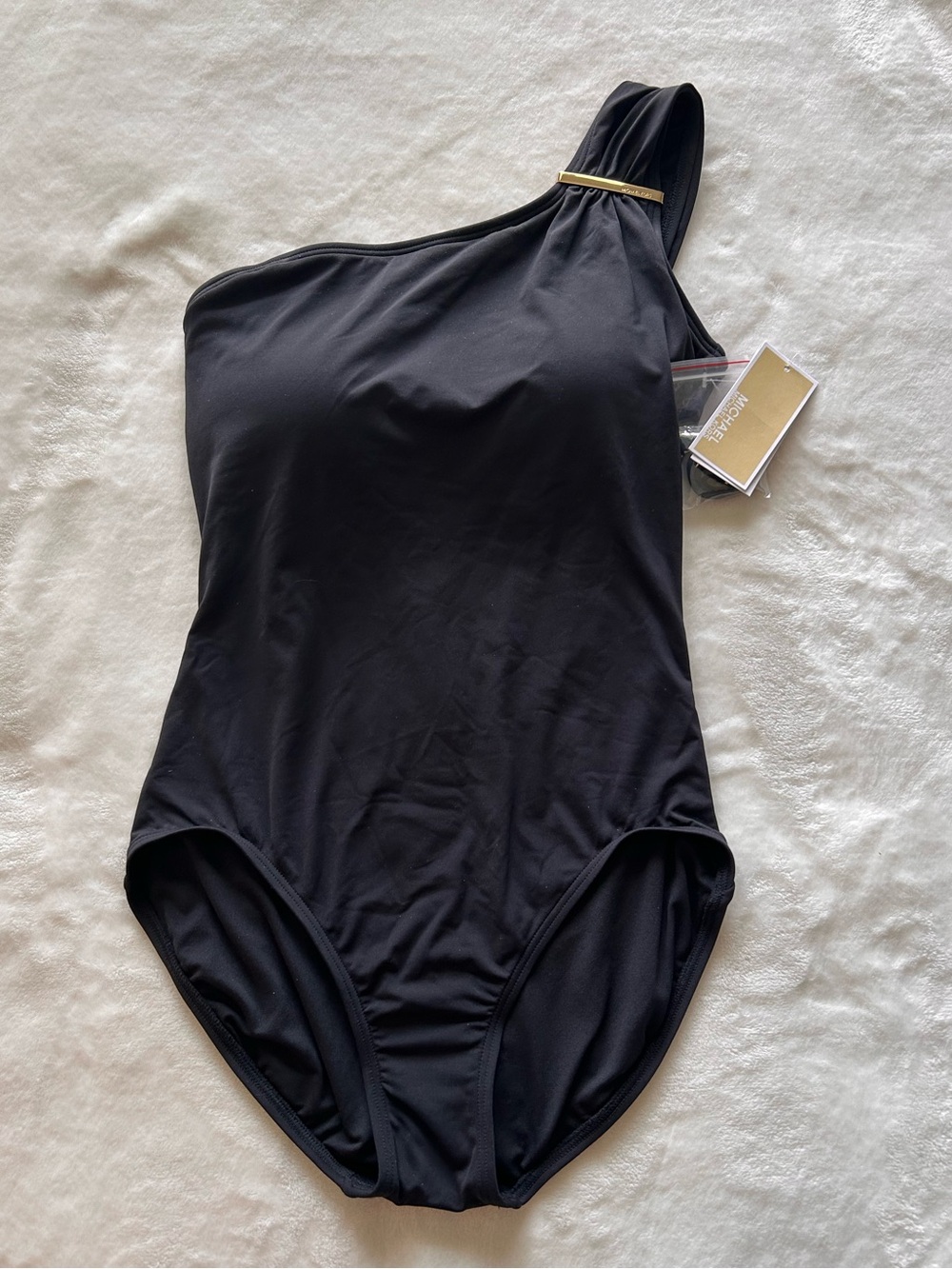 Michael Kors Iconic Solid Logo Bar Chic One-Shoulder Black One Piece Swimsuit